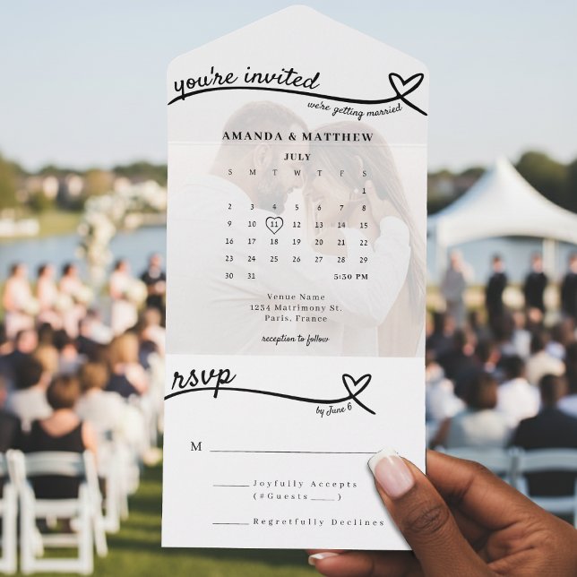 Photo Monogram Heart Line White Calendar Bröllop (Photo Monogram Heart Line White Calendar Wedding All In One Invitation
)