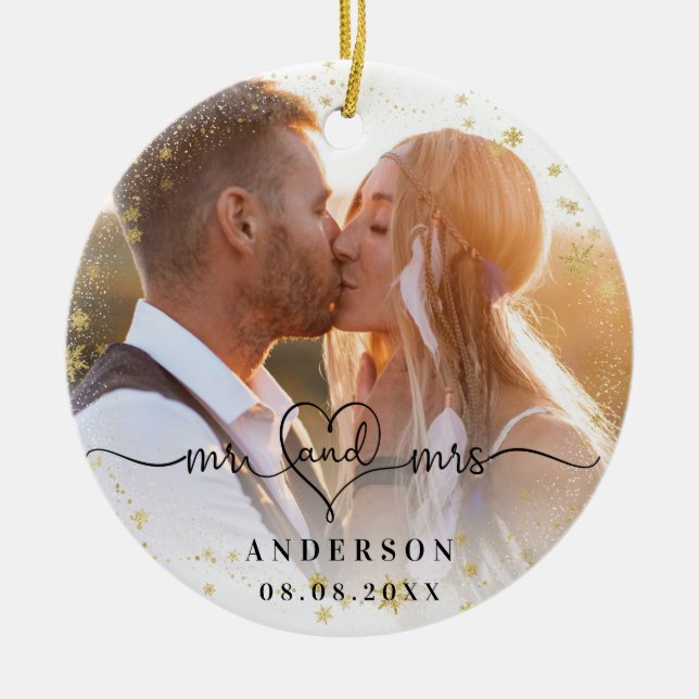 Photo mr nyligen weds guld snö christmas julgransprydnad keramik (Framsidan)