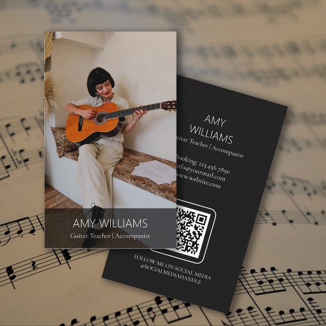 Photo Music Teacher Singer Songwriter QR Code Visitkort (Photo Music Teacher Singer Songwriter QR Code Business Card)
