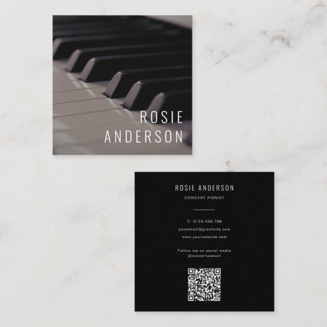 Photo Musician Piano Nycklar QR Code Modern Black Fyrkantigt Visitkort (Fram/baksida)