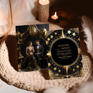 Photo Mystical Black Guld Celestial Galaxy Bröllop Inbjudningar