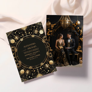 Photo Mystical Black Guld Celestial Galaxy Bröllop Inbjudningar