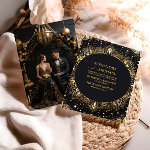 Photo Mystical Black Guld Celestial Stars Bröllop Inbjudningar
