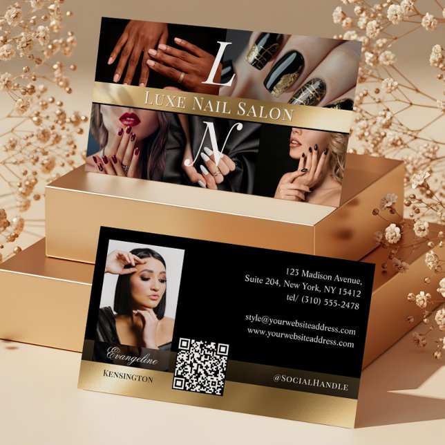Photo Nail Art Technician Luxe Monogram Black Gold Visitkort (Photo Nail Art Technician Luxe Monogram Black Gold Business Card)