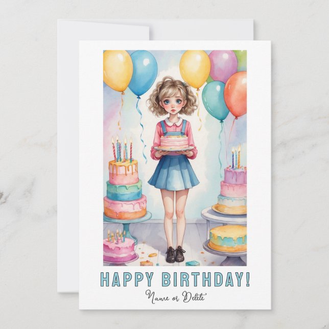*PHOTO NAME Birthday Card Girl Cake Inbjudningar (Framsida)