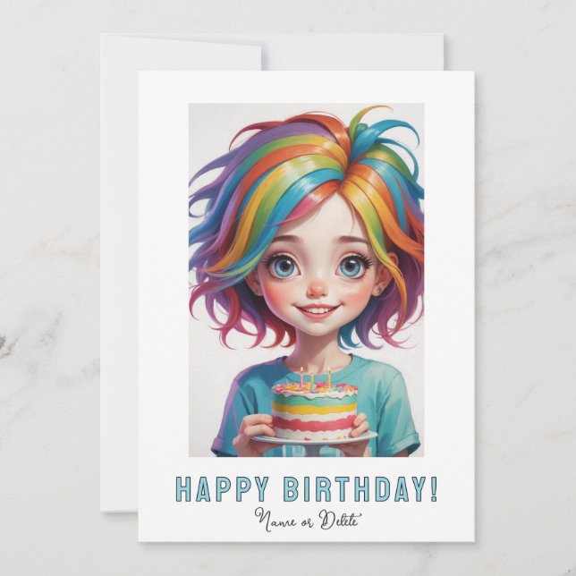 *PHOTO NAME Birthday Card Girl Cake Rainbow Inbjudningar (Framsida)
