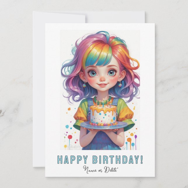 *PHOTO NAME Birthday Girl Cake Rainbow Red Hair Inbjudningar (Framsida)