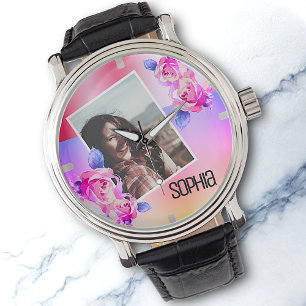 Photo Namn Watercolor Blommigt Rosa Flowers Ro Armbandsur