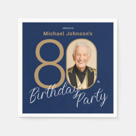 Photo Navy Blue Gold Elegant Custom 80th Birthday  Pappersservett