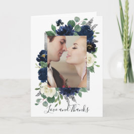 Photo Navy Blue och Silver Elegant Blommigt Bröllo Tack Kort