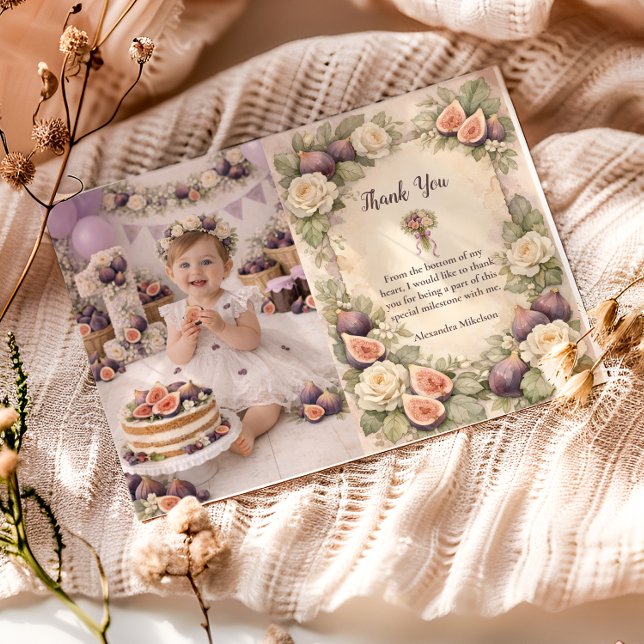Photo Neutral Fig Floral 1st Birthday Tack Kort (Skapare uppladdad)
