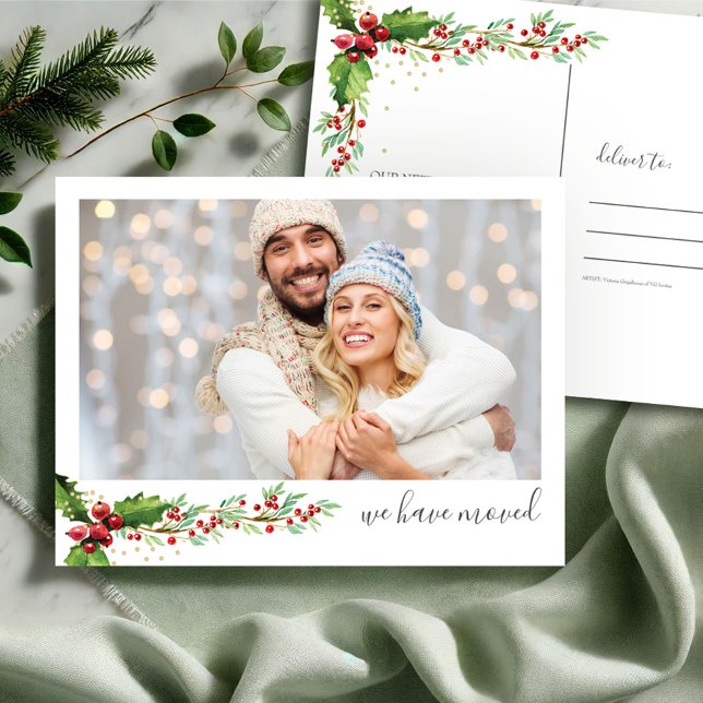Photo New Home-jul Vykort (Christmas photo postcard watercolor red and green botanicals moving announcement by VG Invites)