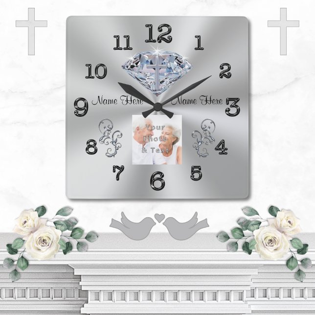 PHOTO och NAMN Kor i Diamanettårsgåvor Fyrkantig Klocka (Diamond Anniversary Clock. 10 year wedding anniversary gifts. Christian, 60th anniversary gift ideas)