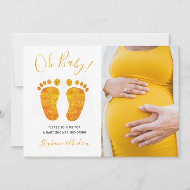 Photo Oh Baby Guld Feet Couples Baby Shower Inbjudningar (Framsida)