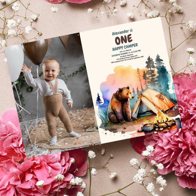 Photo One Lycklig Camper Wood Boys 1:a födelsedag Inbjudningar (Skapare uppladdad)