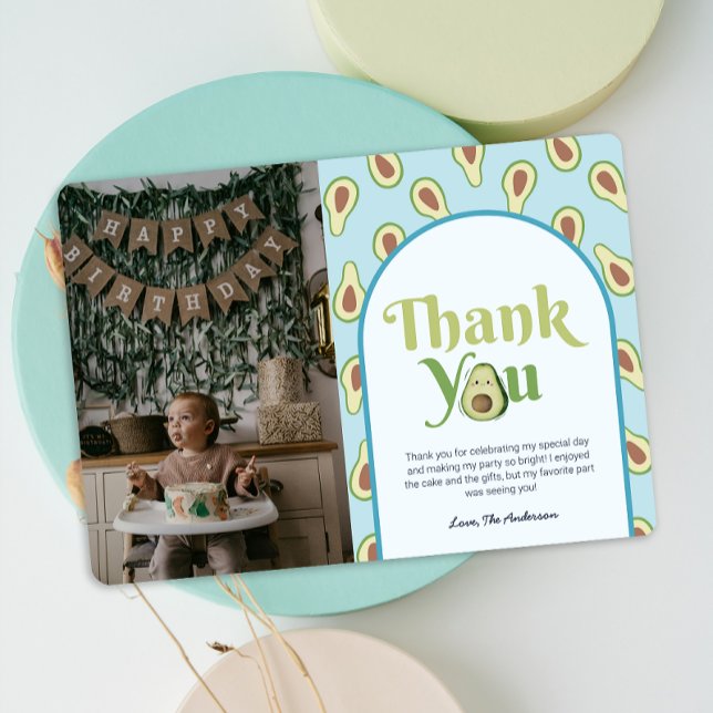 Photo Onederful Avocado 1:a födelsedagskortet Tack Inbjudningar (Photo Onederful Avocado 1st Birthday ThankYou Card)