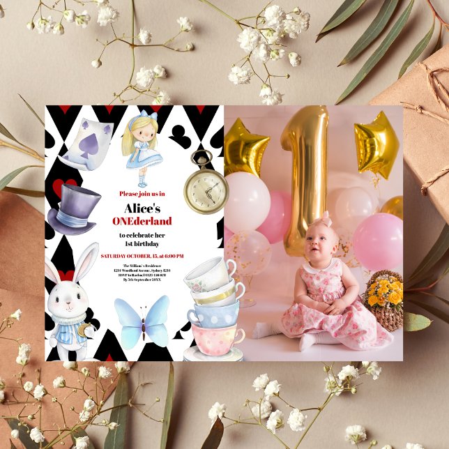 Photo Onederland Alice i Wonderland 1:a födelsedag Inbjudningar (Skapare uppladdad)