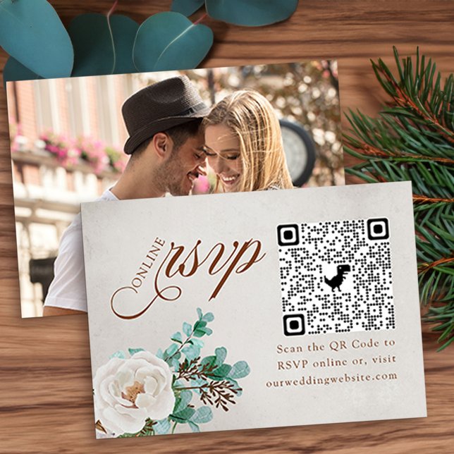Photo Online OSA QR Code Vit ros Eucalyptus Tilläggskort (Winter Wedding Online RSVP Card with QR code, photo, elegant calligraphy, white rose and eucaluptus)