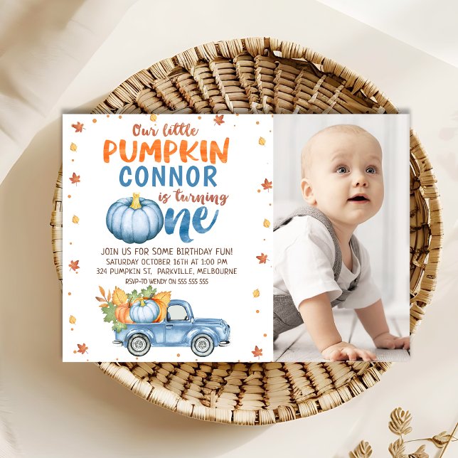 Photo Orange Blue Little Pumpkin 1:a födelsedagen Inbjudningar (Pumpkin 1st Birthday Invitation, Little Pumpkin 1st Birthday Invitation Template Boy, Pumpkin Truck )