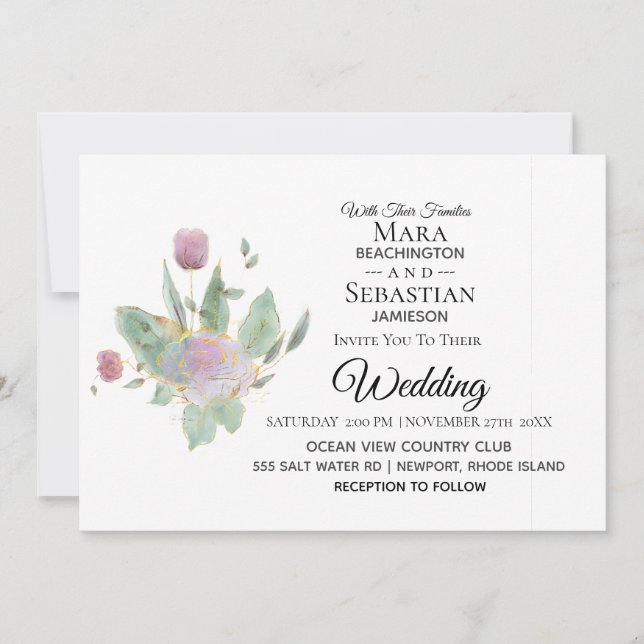 *~* Photo OSA - QR BUKETT MED ROSOR Bröllop AR12 Inbjudningar (Framsida)