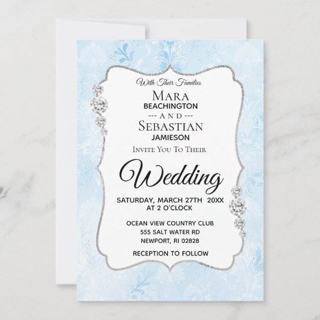 *~* Photo + OSA + QR Diamond Damask Wedding Invit Inbjudningar (Framsida)