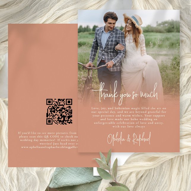 Photo Overlay Script Bröllop Terracotta Tack Kort (Front and back view)