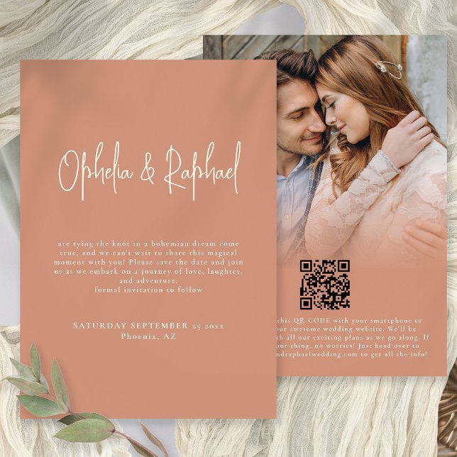 Photo Overlay Script QR Boho Bröllop Terracotta Spara Datumet (Front and back view)