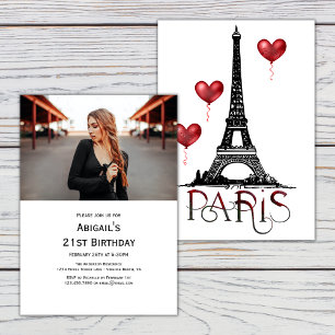 Photo Paris, Eiffel Torn, Red Balloons Birthday Inbjudningar