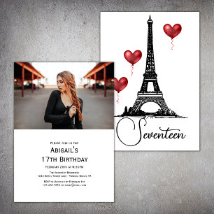 Photo Paris, Eiffel Torn, Red Balloons Birthday Inbjudningar