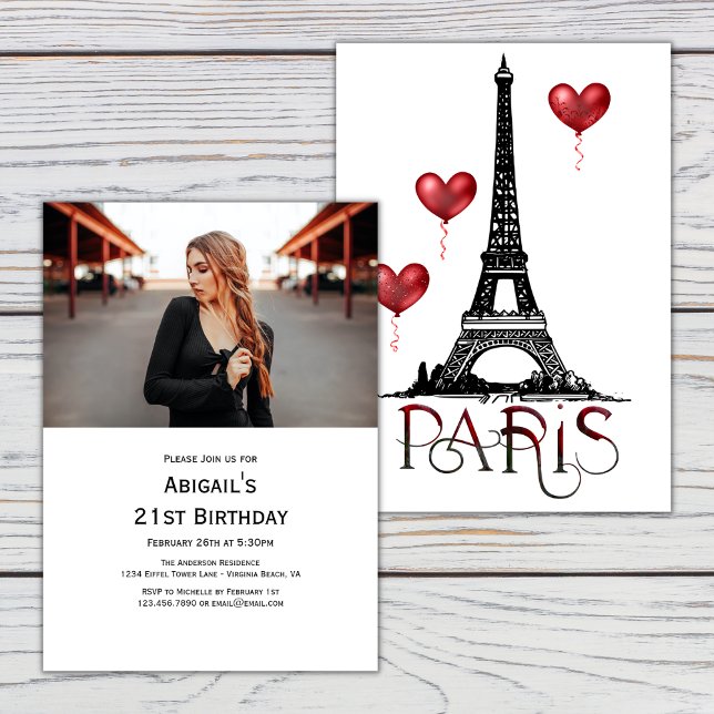 Photo Paris, Eiffel Torn, Red Balloons Birthday Inbjudningar (Skapare uppladdad)