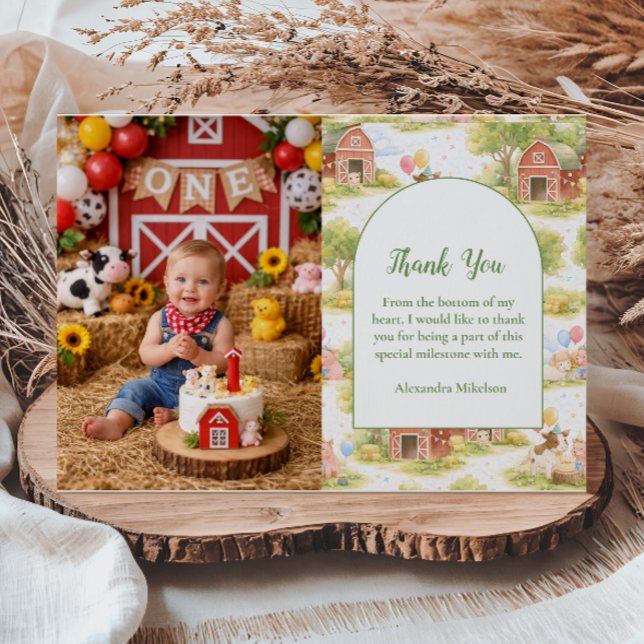Photo Pastel Farm Animals Barnyard 1st Birthday Tack Kort (Skapare uppladdad)