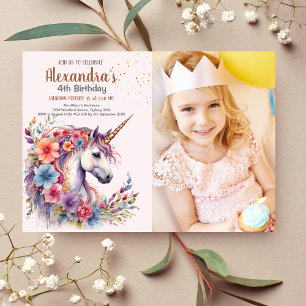 Photo Pastel Unicorn Rainbow Födelsedagsfest Inbjudningar
