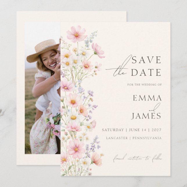 Photo Pastel Wildflowers Wedding Save the Date  Inbjudningar (Fram/baksida)