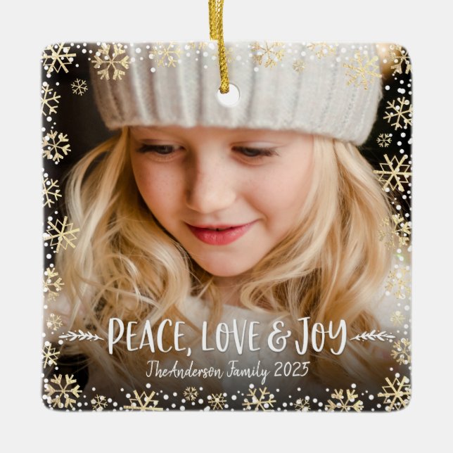 Photo Peace Kärlek Joy Guld Snowflake Chic jul Julgransprydnad Keramik (Framsida)