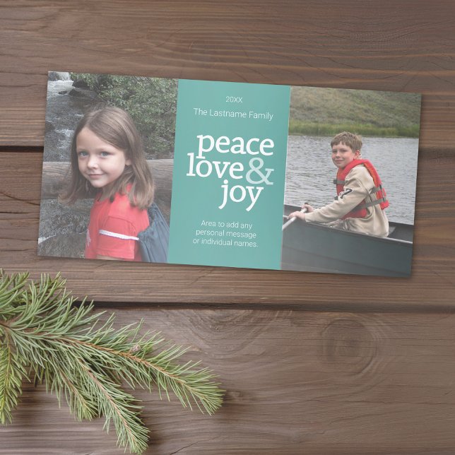 Photo - Peace Kärlek & Joy - Pastel Teal Aqua Julkort (Add 2 photos to this classic photo card that can be printed or sent out to friends and family.)