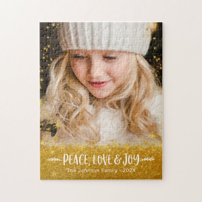 Photo Peace Kärlek Joy Typography Guld Stars Glitt Pussel (Vertikal)