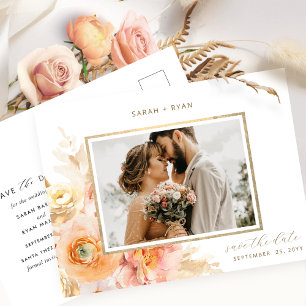 Photo Peach  Cream Guld Bröllop spara datum Meddelande Vykort