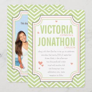 Photo Peach Lime Zig Zag Typography Bröllop Inbjudningar
