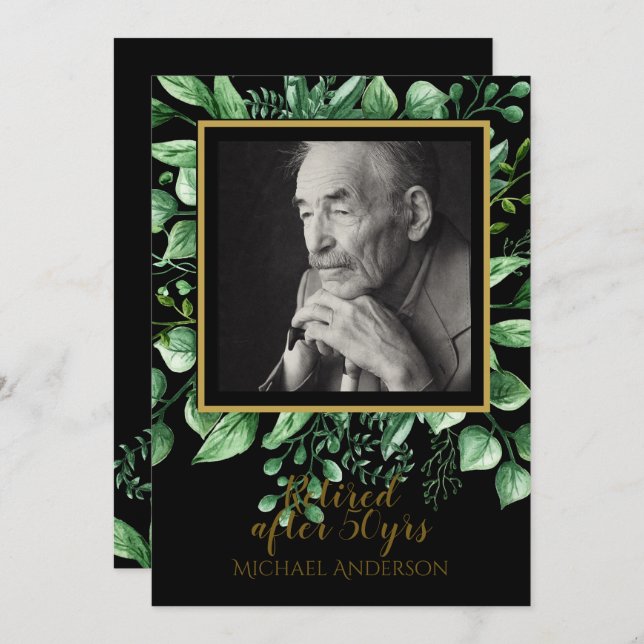 PHOTO Pension inbjuden Black Guld Löv Inbjudningar (Fram/baksida)