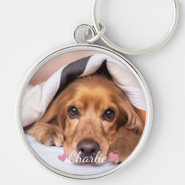 Photo Personalized Name Pet  Rund Silverfärgad Nyckelring (Framsidan)