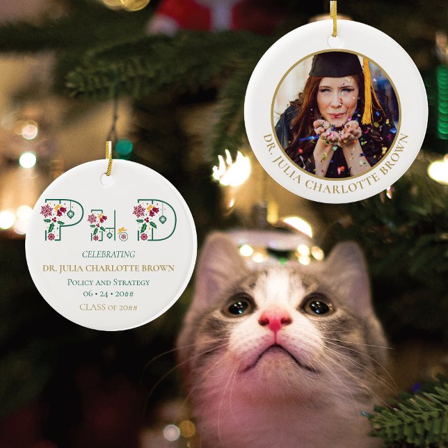 Photo PhD Degree Doctorate Keepsaké Gift jul Julgransprydnad Keramik (Gift for PhD Graduate, PhinisheD First Christmas as a Doctor, Personalized PhD Degree Photo Ornament)