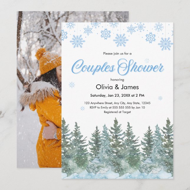 Photo Pine Winter Snowflakes Couples Bridal Shower Inbjudningar (Fram/baksida)