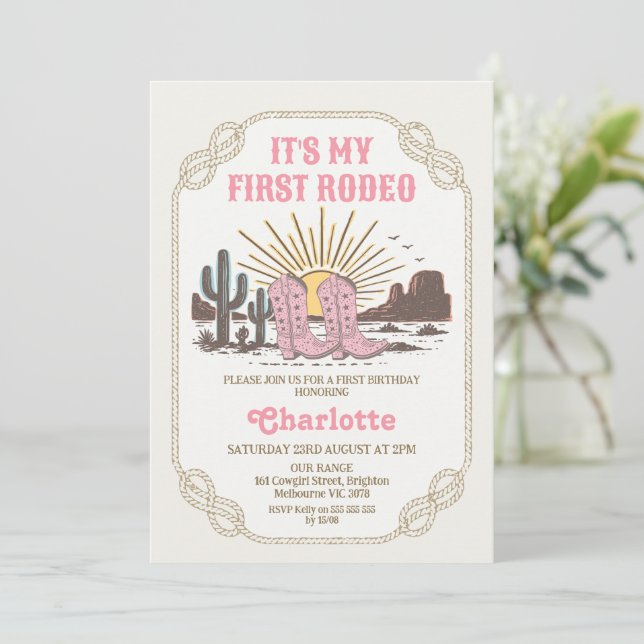 Photo Pink Cowgirl Its My First Rodeo 1st Birthday Inbjudningar (Stående Fram)