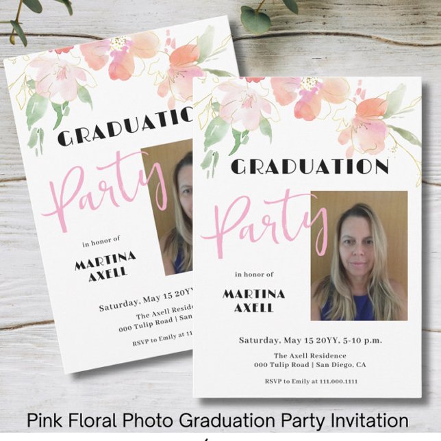 Photo Pink Floral Graduation Party Invitation Inbjudningar (Skapare uppladdad)