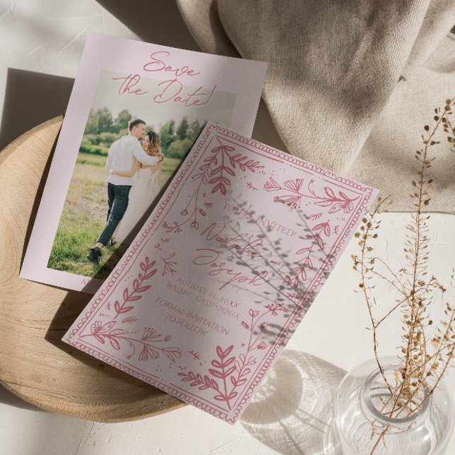 Photo Pink Hand Drawn Floral Garden Save The Date Spara Datumet (Skapare uppladdad)