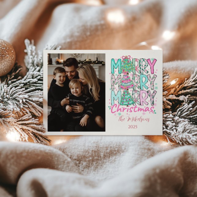 Photo Pink Merry Merry Christmas Tree Julkort (Skapare uppladdad)