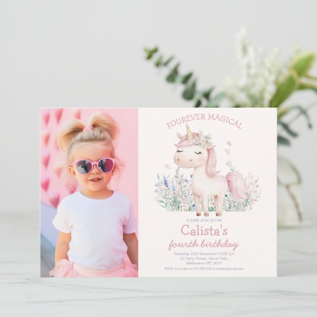 Photo Pink Pastel Unicorn Birthday Inbjudningar (Stående Fram)