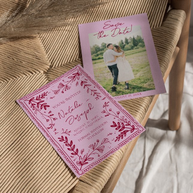 Photo Pink Raspberry Drawn Floral Save The Date Spara Datumet (Skapare uppladdad)