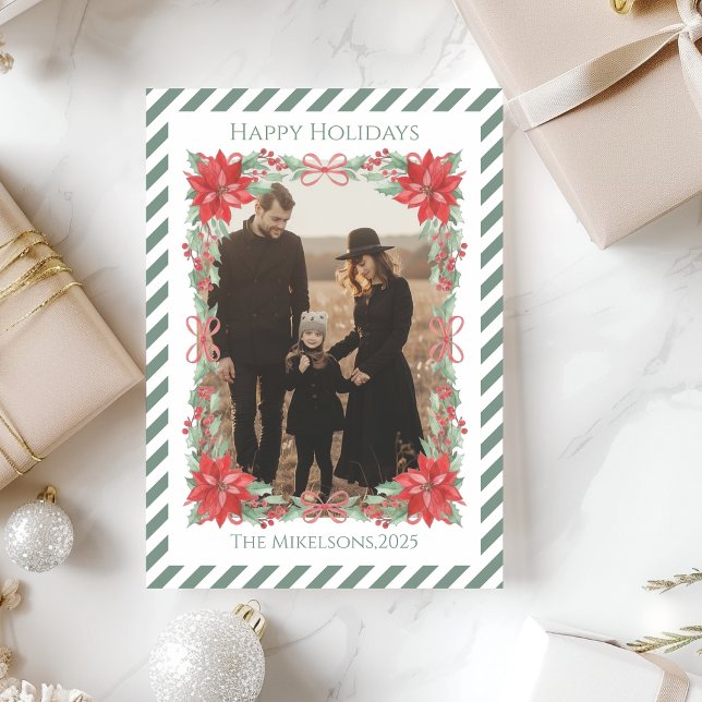 Photo Poinsettia Botanical Stripe Christmas Julkort (Skapare uppladdad)