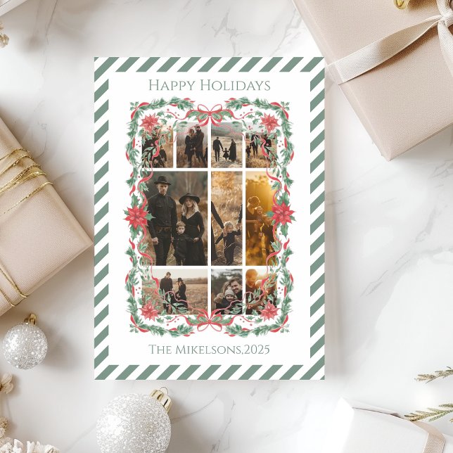 Photo Poinsettia Botanical Stripe Christmas Julkort (Skapare uppladdad)